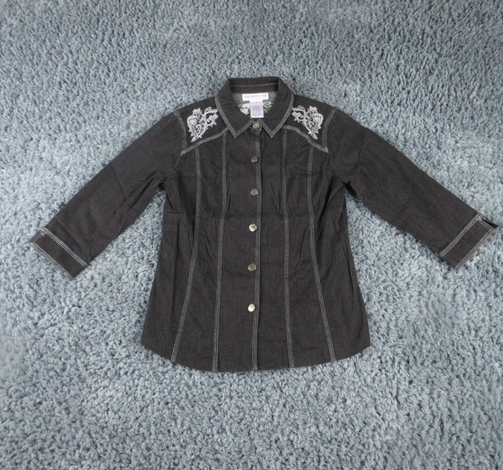 Susan Graver Shirt Womens 8 Black Embroidered Long Sleeve Button Up